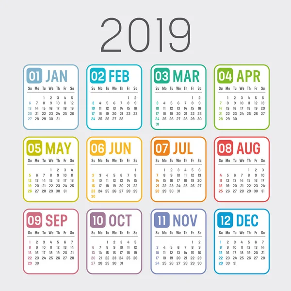 Colorful Year 2019 Calendar Isolated White Background — Stock Vector