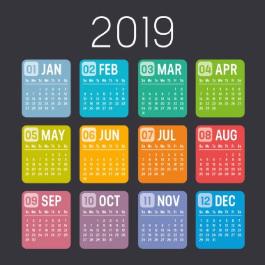 Siyah bir arka plan üzerinde izole renkli yıl 2019 takvim