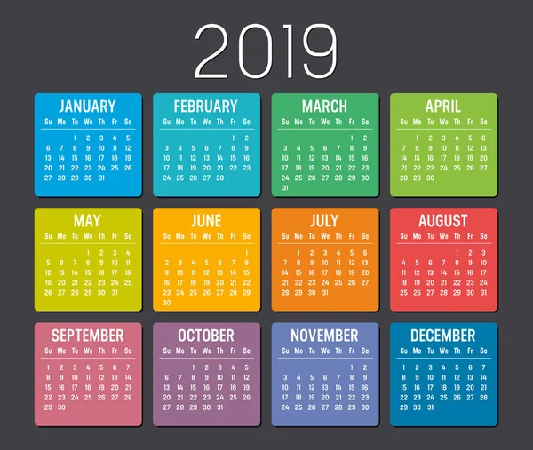 Año Colorido 2019 Calendario Aislado Sobre Fondo Oscuro — Vector de stock