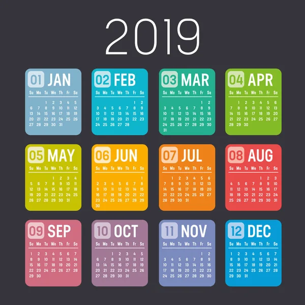 Siyah bir arka plan üzerinde izole renkli yıl 2019 takvim