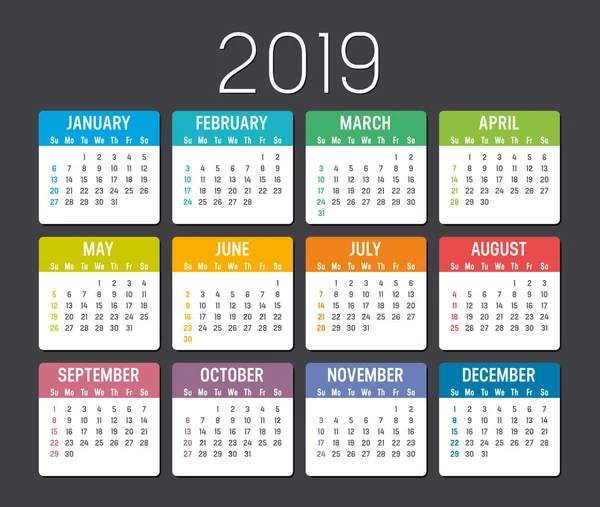 Año Colorido 2019 Calendario Aislado Sobre Fondo Oscuro — Vector de stock