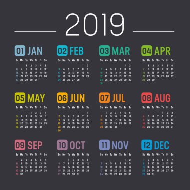 Siyah bir arka plan üzerinde izole renkli yıl 2019 takvim