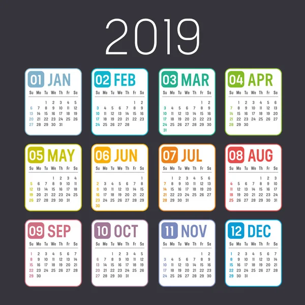黒の背景に分離されたカラフルな 2019 年カレンダー — ストックベクタ
