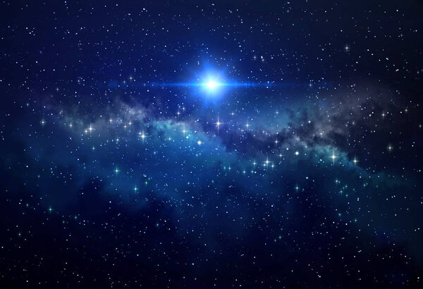 Bright blue star shining in deep space, stellar explosion behind star clusters. High resolution galaxy background.