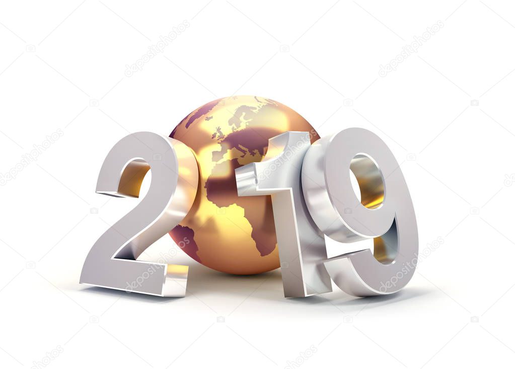 2019 New Year number composed with a golden planet earth, focused on Europe and Africa, isolated on white - 3D illustration