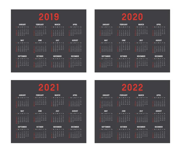 Набор Минималистских Календарей 2019 2020 2021 2022 Годы Недели Начинаются — стоковый вектор