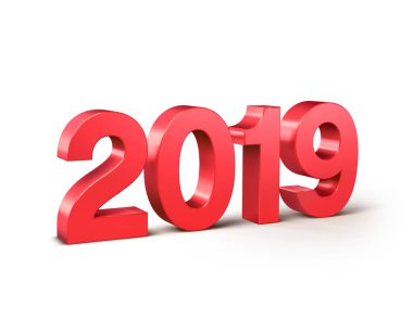 Yeni yıl 2019 numarası, kırmızı renkli ve beyaz - 3d illüstrasyon izole