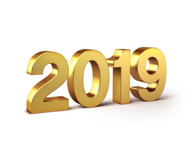 Yeni yıl 2019 numarası, altın renkli ve beyaz - 3d illüstrasyon izole