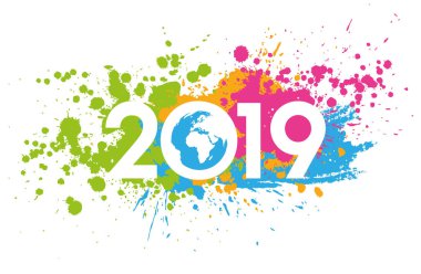 Yeni yıl 2019 tarihi Dünya Haritası içinde renkli lekeler ile boyalı