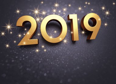 Yeni yıl tarihi 2019 bir festival siyah arka plan - 3d çizim üzerinde altın renkli