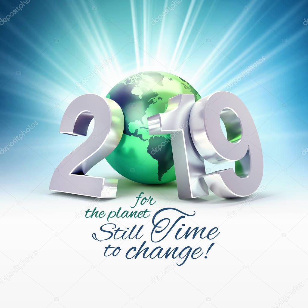 Ecological greeting card - 2019 New Year date number composed with a green planet earth, light rays behind - 3D illustration