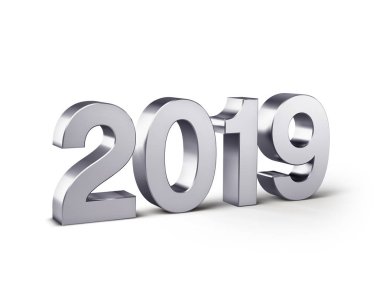 Yeni yıl 2019 numarası, gümüş renkli ve beyaz - 3d illüstrasyon izole