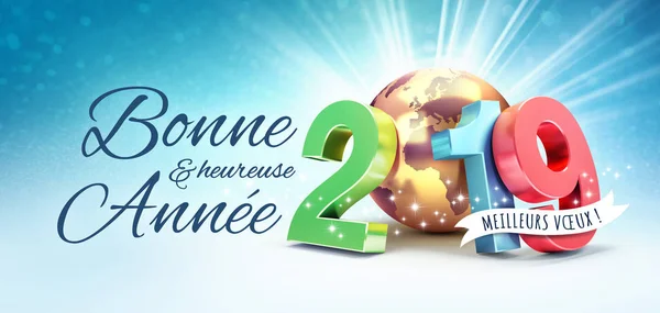 Mutlu Yeni Yıl Tebrik Fransızca Dil 2019 Renkli Numarası Altın — Stok fotoğraf