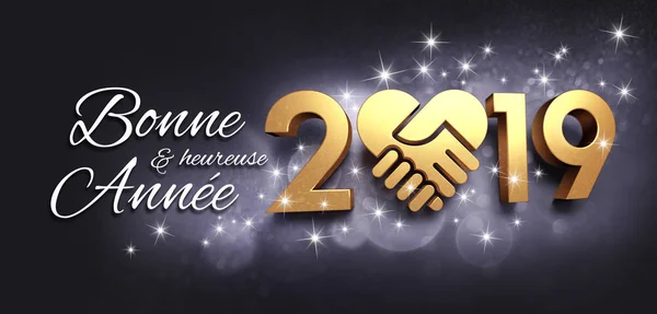 Greetings in French language and New Year date 2019 colored in gold, composed with a golden heart, glittering on a black background - 3D illustration