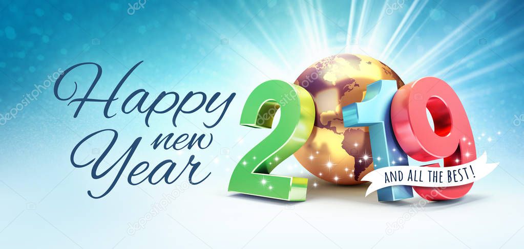 Happy New Year greetings and 2019 colorful date number composed with a gold planet earth, focused on America, shining stars and light rays behind - 3D illustration