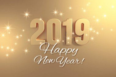 Mutlu yeni yıl tebrik ve 2019 tarih sayısı bir festival altın arka plan - 3d çizim üzerinde altın renkli