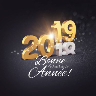 Yeni yıl numarası 2019 yıl 2018, ışıltılı siyah arka plan - 3d çizim üzerinde biten yukarıda altın ve selamlar Fransızca, renkli