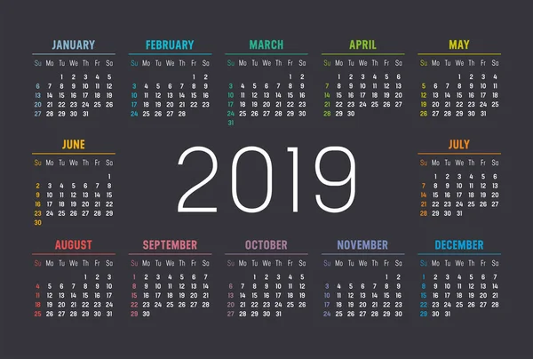 Año 2019 Calendario Colorido Minimalista Sobre Fondo Negro — Archivo Imágenes Vectoriales