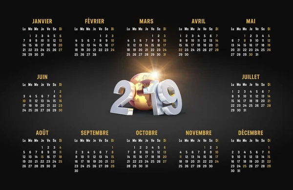 Calendario 2019 Francés Sobre Fondo Negro Fecha Del Año Compuesta — Foto de Stock