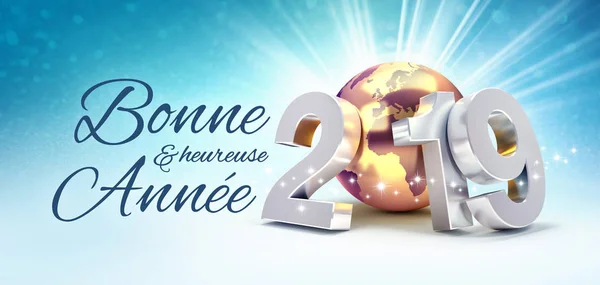 Mutlu Yeni Yıl Tebrik Fransızca Dil 2019 Gümüş Yıldız Işık — Stok fotoğraf
