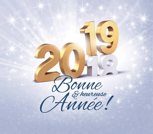 New Year date number 2019 colored in gold and greetings in French, above ending year 2018, on a glittering silver background - 3D illustration