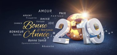 Mutlu yeni yıl tebrik, Fransızca en iyi dilek ve seyyare yerküre ile oluşan 2019 numarası, pırıltılar ile şenlikli bir siyah zemin üzerine altın renkli ve - 3d çizim yıldız