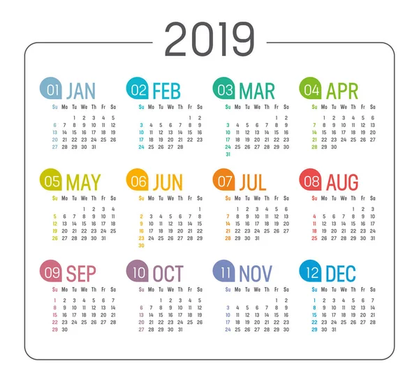 Año Colorido 2019 Calendario Minimalista Sobre Fondo Blanco Plantilla Vectorial — Vector de stock