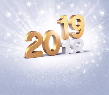 Yeni yıl numarası 2019 altın yıl 2018, pırıltılı Gümüş arka plan - 3d çizim üzerinde biten yukarıda, renkli