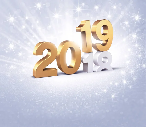 New Year date number 2019 colored in gold, above ending year 2018, on a glittering silver background - 3D illustration