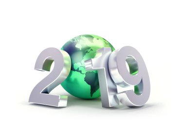 2019 yeni yıl tarih numarası Amerika, beyaz - 3d illüstrasyon izole odaklanmış bir yeşil yeryüzü ile oluşan