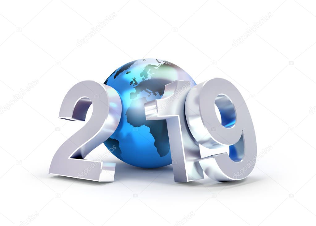 2019 New Year date number composed with a blue planet earth, focused on Europe and Africa, isolated on white - 3D illustration