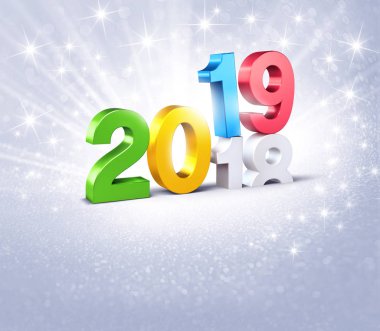 Yıl 2018, pırıltılı Gümüş arka plan - 3d çizim üzerinde biten yukarıda renkli yeni yıl numarası 2019,