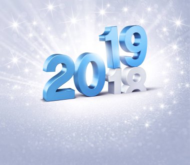 Yeni yıl numarası 2019 yıl 2018, pırıltılı Gümüş arka plan - 3d çizim üzerinde biten yukarıda mavi, renkli