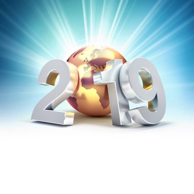 2019 yeni yıl gümüş tarih sayısı Avrupa ve Afrika'da, üzerinde odaklanmış bir altın seyyare yerküre ile oluşan parlayan yıldızlar ve arkasında - 3d çizim ışık ışınları