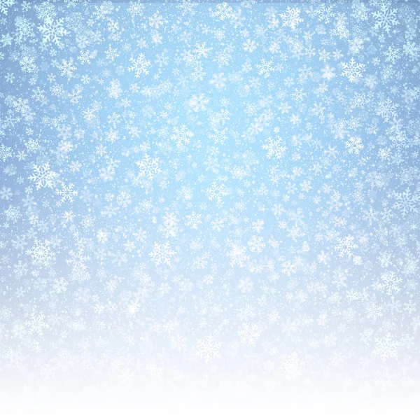 白色雪花的形状和在冰冷的蓝色背景下飘落的雪 冬季季节性材料 — 图库照片