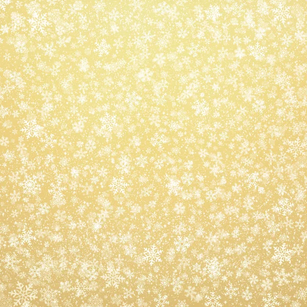 Bílé Vločky Tvary Padající Sníh Zlatém Podkladu Vánoční Sezónní Materiál — Stock fotografie