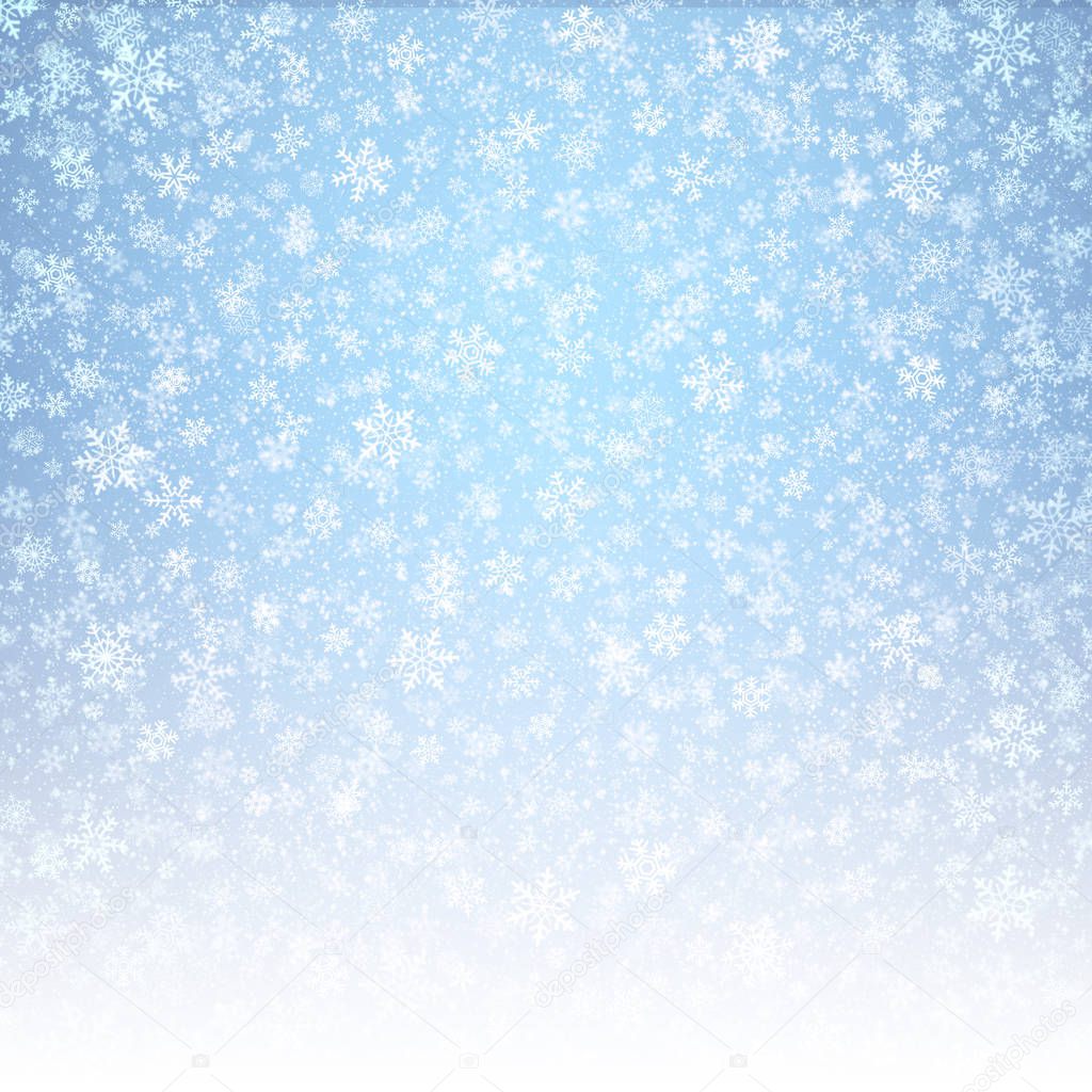 White snowflakes shapes and falling snow on an icy blue background. Winter seasonal material.