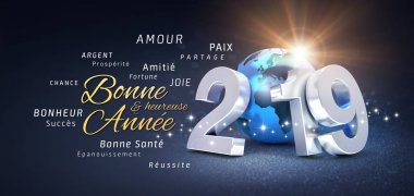Mutlu yeni yıl tebrik, Fransızca en iyi dilek ve mavi seyyare yerküre ile oluşan 2019 numarası, renkli, Festival siyah zemin, pırıltılar ve - 3d çizim yıldız