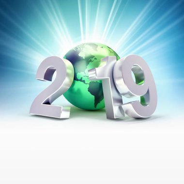 2019 yeni yıl tarih sayısı yeşil seyyare yerküre ile oluşan odaklı Amerika'ya, arkasında - 3d çizim ışık ışınları