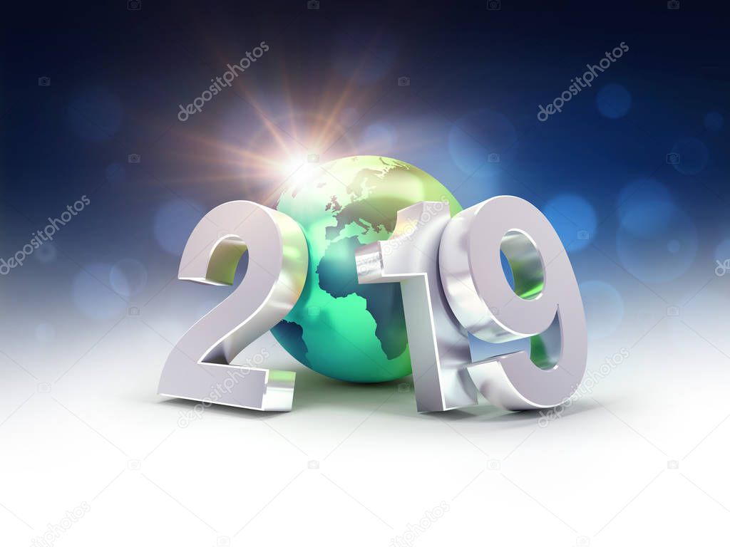2019 New Year silver date number composed with a green planet earth, focused on Europe and Africa, sun shining behind - 3D illustration