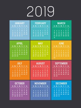 Siyah arka plan üzerinde renkli minimalist takvim yılı 2019. Haftası Pazar günü başlar. Vektör şablonu.