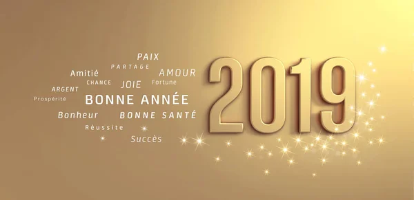 Nouvel 2019 Numéro Date Salutations Langue Française Sur Fond Doré — Photo