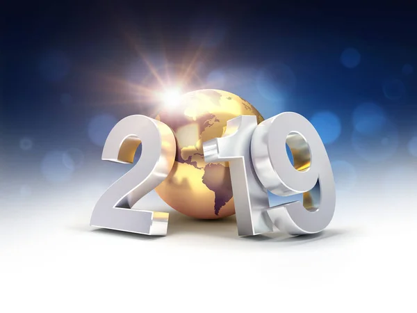 2019 Número Data Prata Ano Novo Composto Com Planeta Ouro — Fotografia de Stock