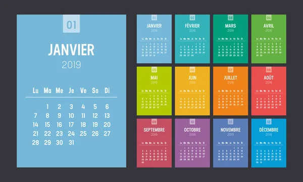 Jahr 2019 Bunten Minimalistischen Kalender Französischer Sprache Auf Schwarzem Hintergrund — Stockvektor