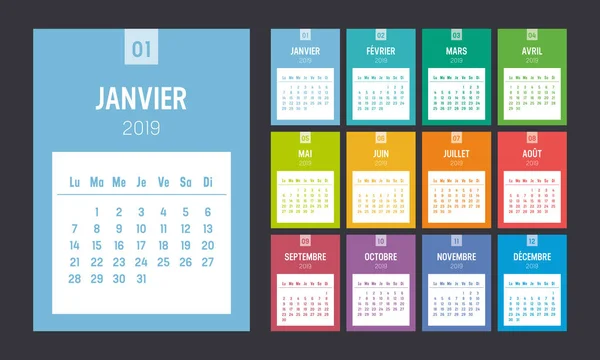 Цветной Календарь 2019 Года Французском Языке Одна Страница Месяц Неделя — стоковый вектор