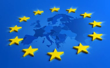 Avrupa mavi bayrak ve Avrupa Birliği harita - 3d resim içinde sarı yıldız