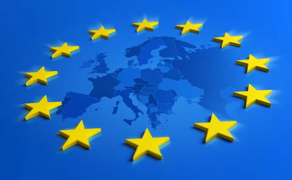 Europa Blå Flagg Och Gula Stjärnor Med Europeiska Unionen Karta — Stockfoto