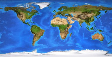 Planet Earth ve onun onun ayrıntılı düz görünüm. Düzleştirilmiş genel dünya haritası. Planisphere yaz sezonu. 3D çizim - Nasa tarafından döşenmiş bu görüntü unsurları