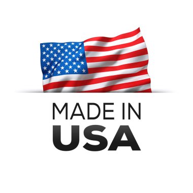Made in USA - garanti etiketi ile dalgalanan bir bayrak Amerika Birleşik Devletleri.