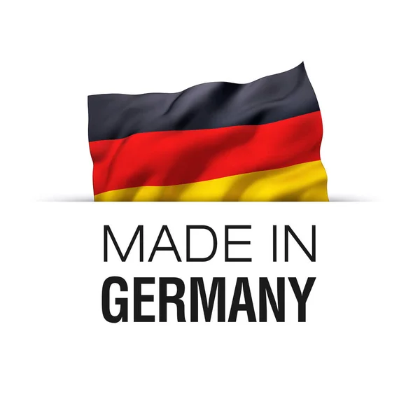 德国制造 保证标签与挥舞的德国国旗 — 图库照片